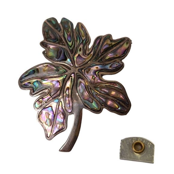 LARGE Vintage Abalone LEAF‎ BROOCH Pin signed Mexico 925 - Picture 3 of 6